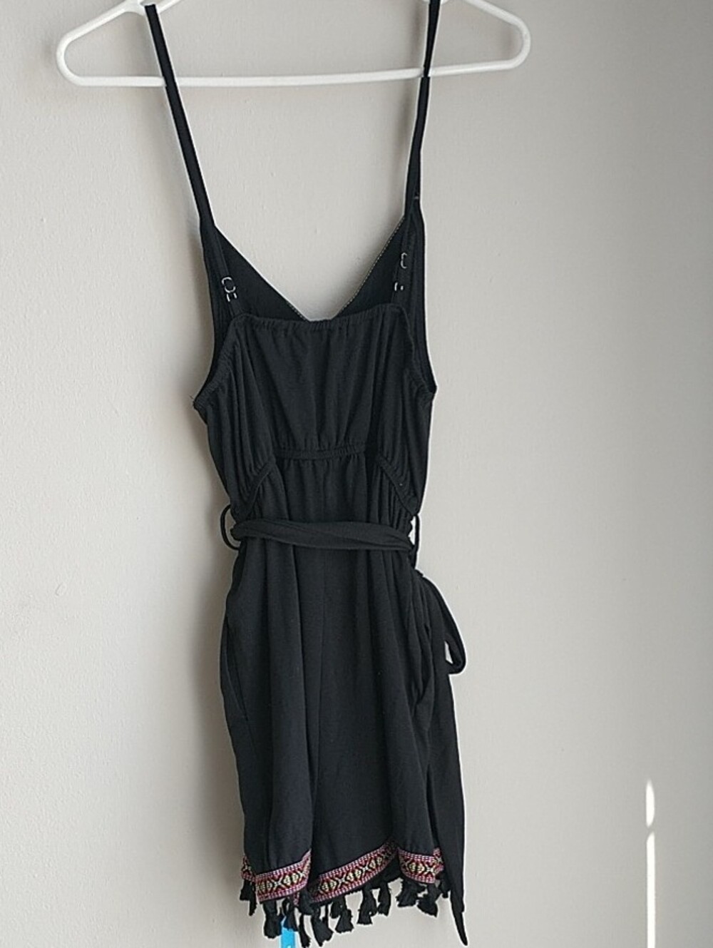 Cupshe Black Spaghetti Strap Tassel Romper with Embroidered Trim